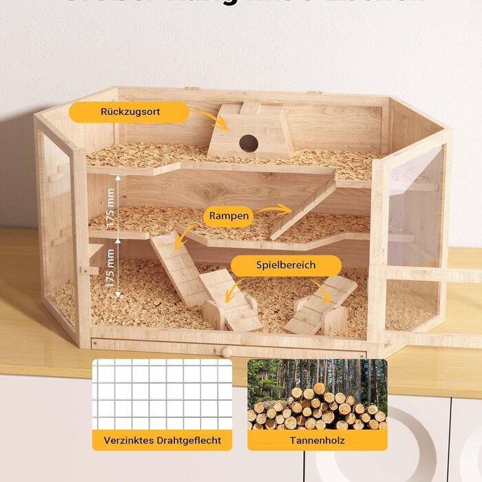 Клітка для тварин Wiltec 3-ярусна, 600x400x800 мм, дерев'яна, з відкидним дахом та оглядовим вікном, для мишей, хом'яків (116x60x59 см)