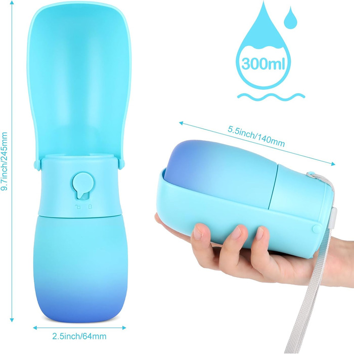 Портативна пляшка для води для собак та котів JOPHEK 300 мл з фільтром з активованого вугілля, блакитна