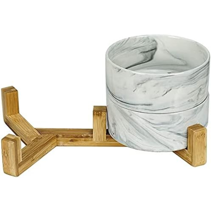 Миски для собак SP SEMPRE з кераміки з бамбуковими підставками, набір з двох мисок (13,5 см, білий мармур)