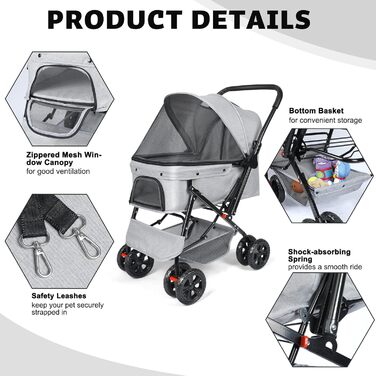 Візок для собак Wedyvko до 20 кг, 4 колеса, складний, для маленьких/середніх собак та котів, з кошиком та тримачем для напоїв, зелений (сірий)