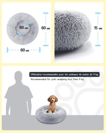 Кругле ліжко для собак та котів, діаметр 60 см, висота 15 см - м'яке, знімний коврик, нековзна підставка, сіре