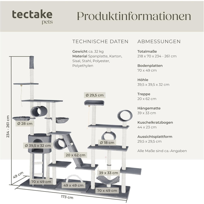 Драбина-кіготь Tectake Snooky | Ігровий центр для котів з багатоярусною драбиною та будиночком | Сірий колір, артикул 403917