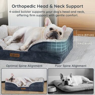 Ортопедичне ліжко для собак BELLA & PAL, 71x59 см - зручне собаче ліжко з ефектом пам'яті, водовідштовхувальний вкладиш, знімний фланелевий чохол, неслизьке дно, сіре