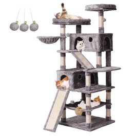 Кігтеточка-комплекс для великих котів 180 см, з будиночком, гамаком, сизалевим канатом та лежаком сірого кольору