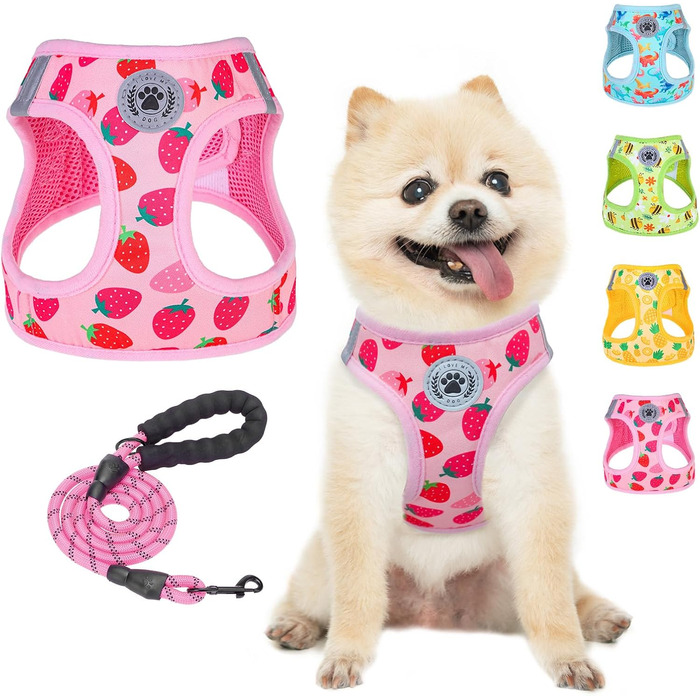 Шлейка та поводок для собак та котів BEAUTYZOO, м'яка сітчаста тканина, світловідбиваючі елементи, для дрібних та середніх цуценят, в клітинку, XS/S, (M(41-46см обхват грудей), 