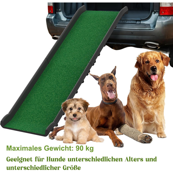 Рампа для собак у машину, складана, з пластику, 156x40 см. Підходить для автомобіля та ліжка, до 90 кг. Рампа для собак з штучним газоном, 79x40x19 см