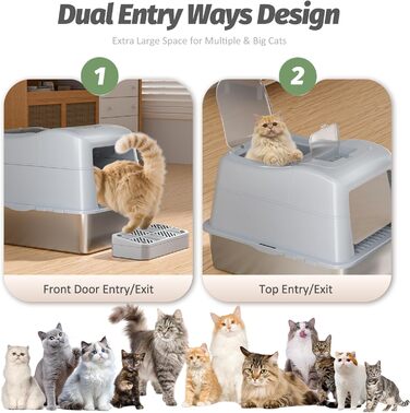 XXL Лоток для котів зі сталі з кришкою, 110° поворотна кришка, закритий лоток для котів, великий об'єм 40л з совочком та педальним механізмом, без запаху, захист від протікання та легке очищення, 60х42х44 см