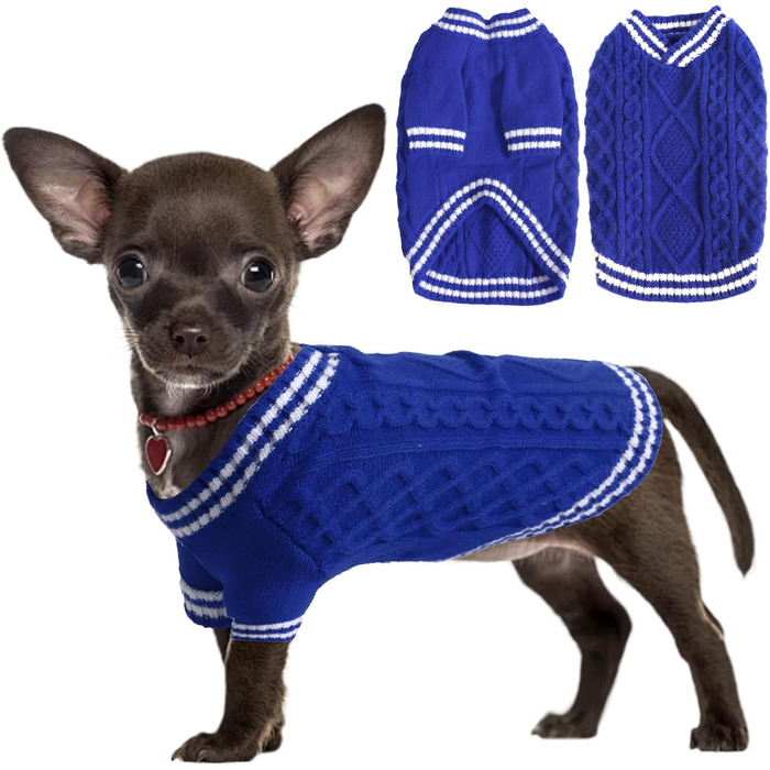 Світер для собак - теплий для чихуахуа, елегантний, з V-подібним вирізом, для маленьких, середніх та великих собак (синій, XS)