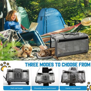 Переноска для котів велика, на колесах, 2-в-1 з відділеннями, з іграшкою та ремінком (сіра)