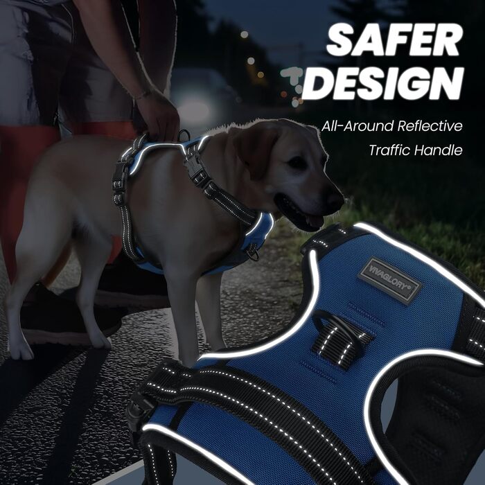 Шлейка для собак VIVAGLORY Easefit з ручкою, анти-тяга, для прогулянок та тренувань, м'яка, не дає вирватися, розмір M (51-74 см обхват грудей), кобальтово-синій