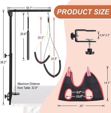 Підтримка для грумінгу собак HIDOG з затискачем, регульований стіл для грумінгу собак з двома фіксаторами та підвісним гамаком, складане аксесуар для догляду за домашніми тваринами для маленьких та середніх собак