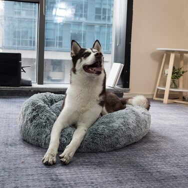Кругле ліжко для собак Loir Fluffy, 70 см, сірий, м'яке плюшеве, для глибокого сну, легко миється