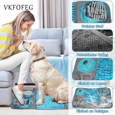 Килимок для пошуку іграшок для собак, 66x42 см [10 VERSTECKE], інтерактивна іграшка-головоломка, міцний, для тренування, підходить для собак будь-якого розміру (Блакитний)