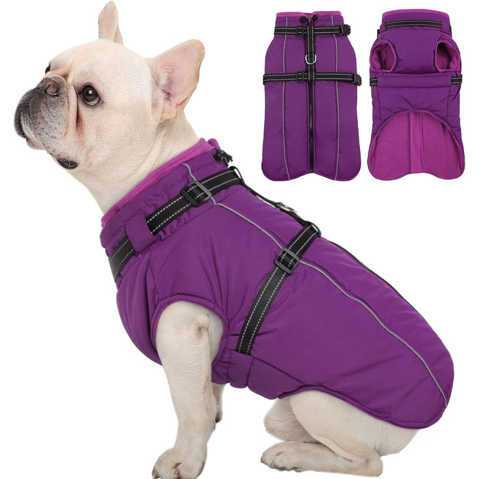 Теплий зимовий пуховик для собак Куосер (Kuoser) для маленьких порід, водонепроникний, з отвором для повідка, фіолетовий, розмір S (обхват грудей 44 см, шия 32 см)