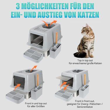 INSMEER котячий туалет з нержавіючої сталі XXL 30L з кришкою, для великих котів до 15 кг, з лопаткою, верхнє відкриття, герметичний, легке очищення, 60x42x38 см