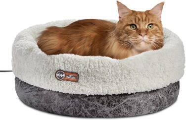 Обігріте термоліжко для котів K&H PET PRODUCTS, кругле велике сіре ліжко для котів та маленьких собак, для дому, 35,6x45,7 см