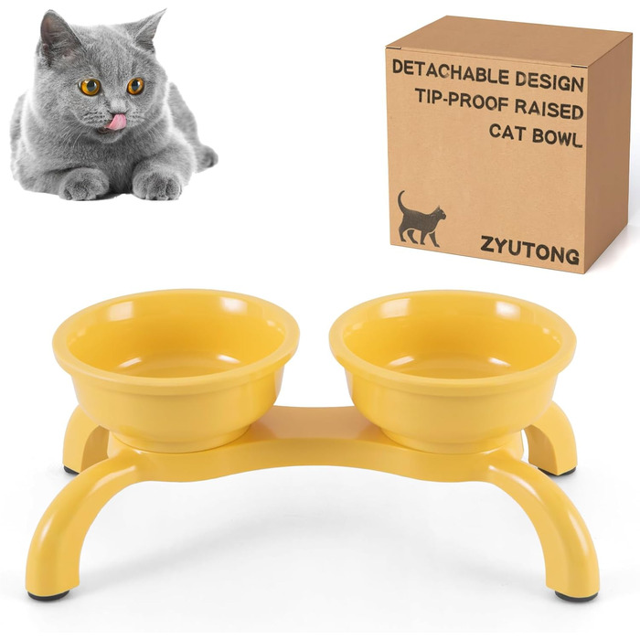 Набір мисок для котів з підняттям 2 шт. - Незламні миски для котів, автоматичне годування з меламіну, миється в посудомийній машині, широка основа з протиковзкими ніжками, миски, зручні для вусів, жовті Double