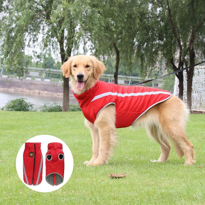 Зимова куртка для собак, тепла водонепроникна куртка для середніх та великих собак. Підходить для Лабрадорів, Бульдогів, Самоедів. З флісовою підкладкою та світловідбиваючими елементами. Розмір 6XL/68см, червоний колір