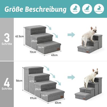 Сходинки для собак маленьких порід зі зберіганням, широкі, складані для ліжка та дивану, з неслизьким покриттям, вологостійкі (сірий, 43x97x56см, 4)