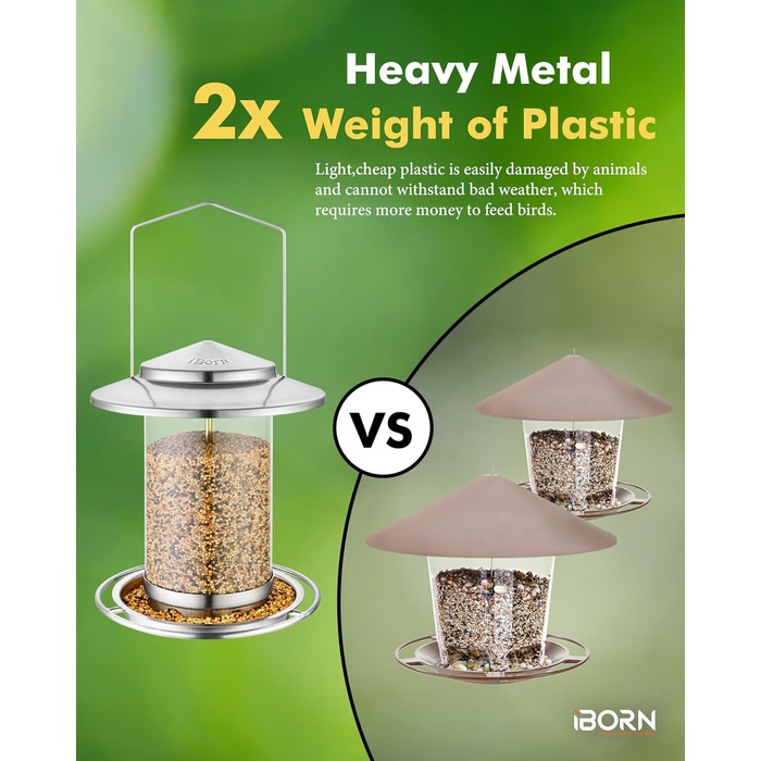 Годівниця для птахів iBorn, Металева годівниця-будиночок, Зелений колір, 18 см, для цілорічного годування, 6 отворів