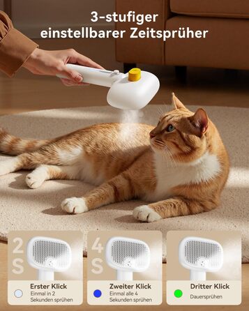 Щітка для котів ROJECO з парою, багатофункціональна, 3-в-1 проти підшерстка та ковтунів, 3 режими розпилення, самоочищення, для довгошерстих та короткошерстих котів та собак, білий колір