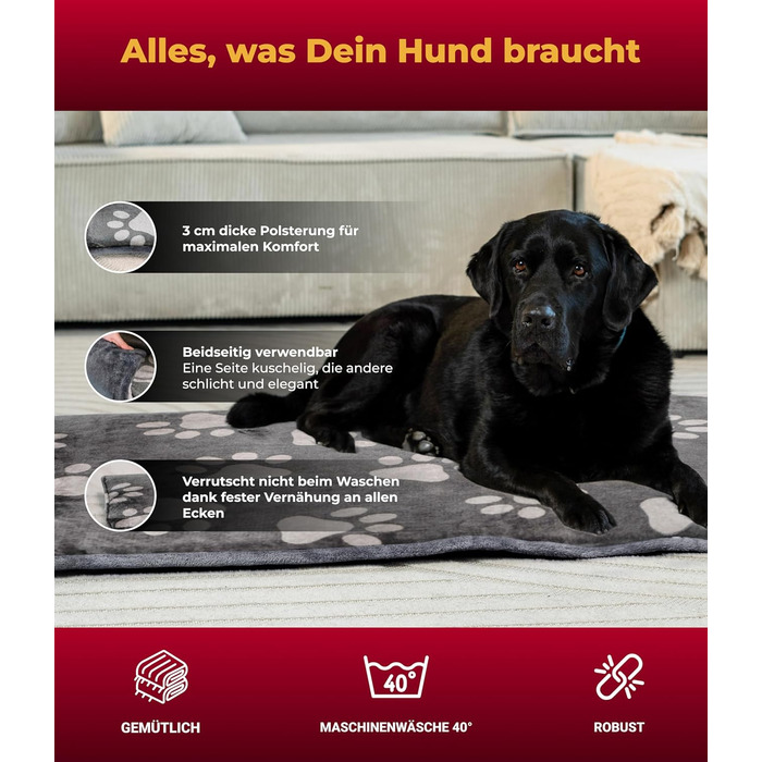 Лежак для собак HS-Hundebett XL 95x135 см, двосторонній, м'який, з 3 см наповнювачем, для дивану, авто і клітки, антрацит з лапкою, вироблено в Німеччині
