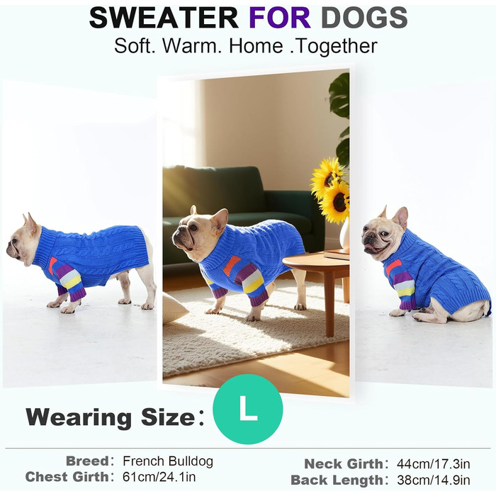 Пуловер для собак середнього розміру OUOBOB, теплий в'язаний зимовий пуловер з отвором на животі, еластичний светр для Бостон Тер'єрів та Французьких Бульдогів, L, Синій