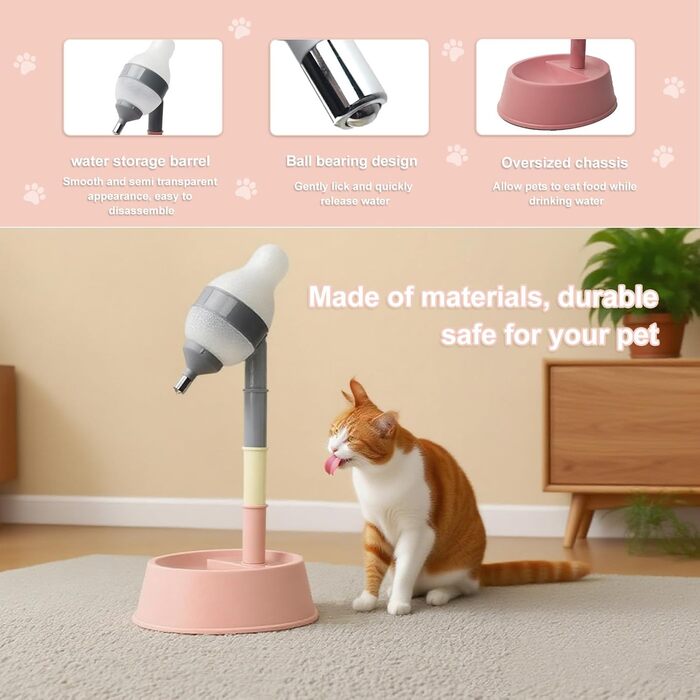 Автоматичний диспенсер для води для котів та собак iFCOW, регульована висота, знімний стрижень, автоматичне годування (Gerry + Pink)