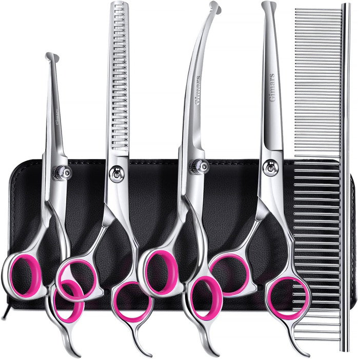 Набір професійних ножиць для грумінгу собак Gimars (4CR, безпечна насадка, титанове покриття, 6-в-1, чорний/рожевий)