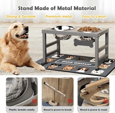 Підвищена годівниця для собак великих та екстра-великих порід, з підставкою та двома мисками з нержавіючої сталі (2,863 г), з нековзною основою, висота 43 см, висота мисок 25 см, сіра, L