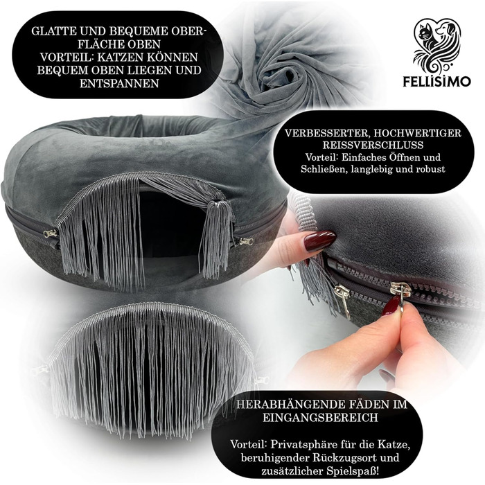 Fellisimo® Будиночок для котів із фетровим тунелем і м'яким лежаком, антиковзка підлога, дихаючий, знімний чохол для подушки, котячий дім-матрац