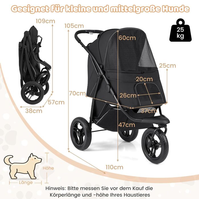 Візок для тварин Costway, розкладний, до 25 кг, для собак та котів, 3 колеса, регульоване сонцезахисне дах, сітчасте вікно, кошик та подушка, чорний