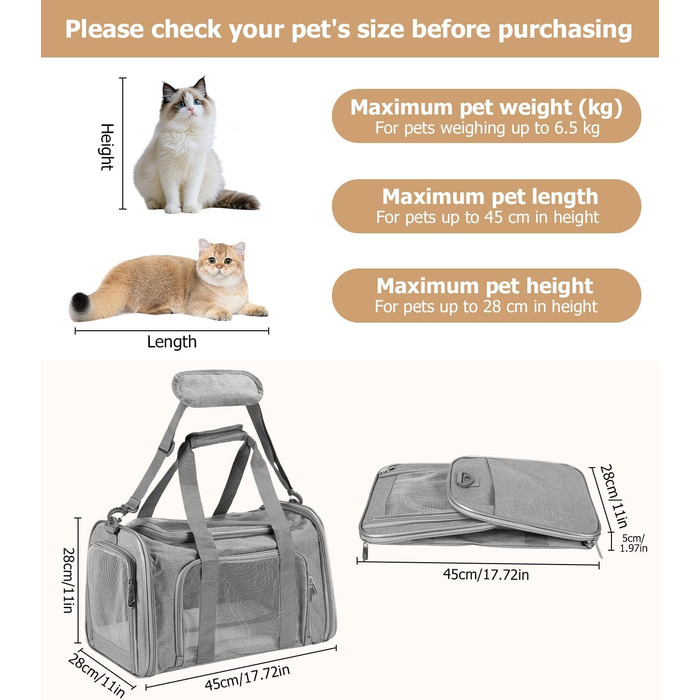 Транспортна переноска для кота та собаки Vuxava, складана, дихаюча, з плечовим ременем та знімним килимком (Сірий, L)