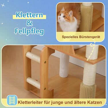 Дерев'яний кігтеточки Hey-brother Holz Kratzbaum 184 см для великих котів, багатоярусний, зі стійкою платформою, кошиком, будиночком, щіткою та драбиною, Noyer EMPJ121WB