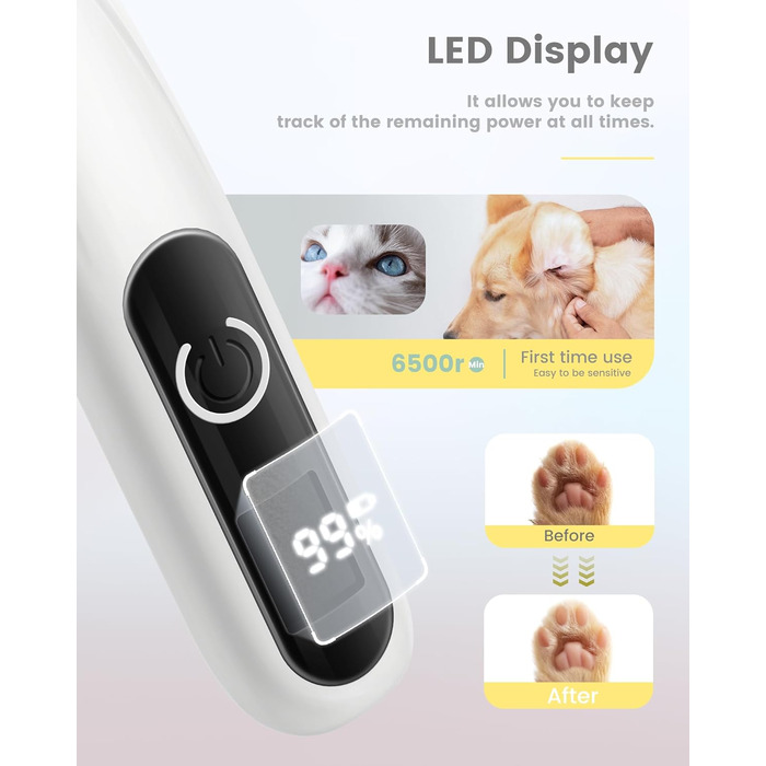 PAPMINI Безшумна машинка для стрижки котів з LED-дисплеєм, Type-C, акумулятор, бездротова когтерезка для котів, професійна машинка для стрижки лап, вух, обличчя, спини (біла)
