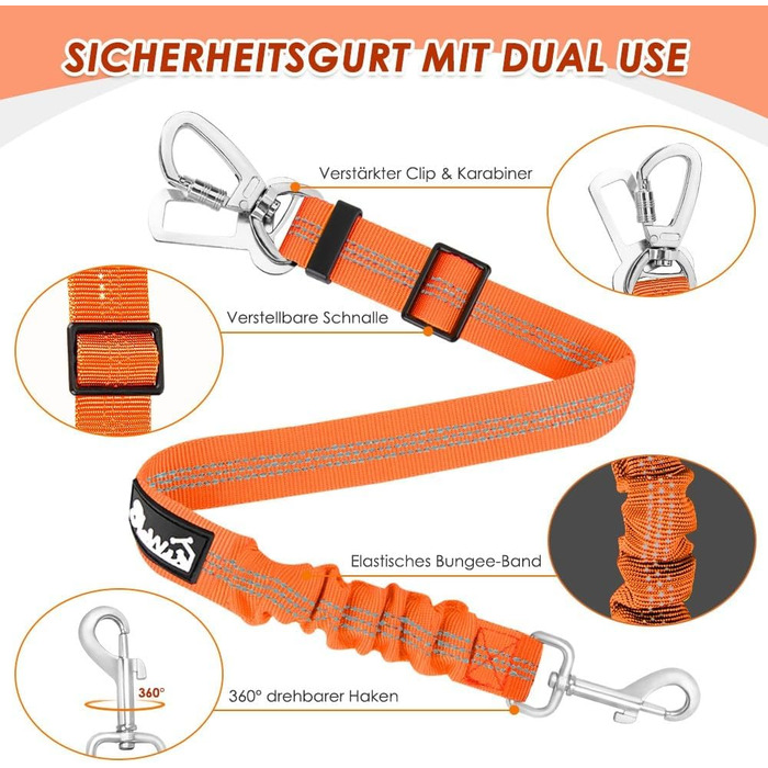 Поясний ремінь безпеки для собак SlowTon (2 шт.) - автолеєрка з регулюванням, еластичний амортизатор, міцний нейлон, світловідбиваючий