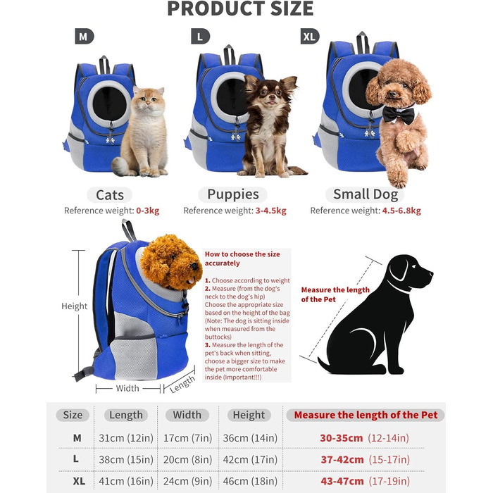 Рюкзак для тварин PETCUTE: переноска для собак та котів, блакитний, розмір L (38 x 20 x 42 см), схвалено авіакомпаніями