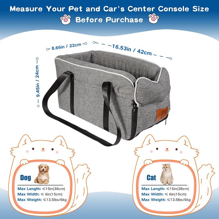 Автокрісло для собак до 5.4 кг | Універсальна консоль в авто | Знімне, миється | Безпечне автокрісло для тварин Pure Grey One Size