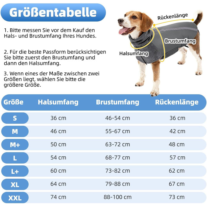 Зимова куртка для собак SlowTon з флісу, з коміром-гетром, світловідбиваючими смугами, регулюванням, водонепроникна та вітронепроникна для цуценят та собак (Сірий, M+)