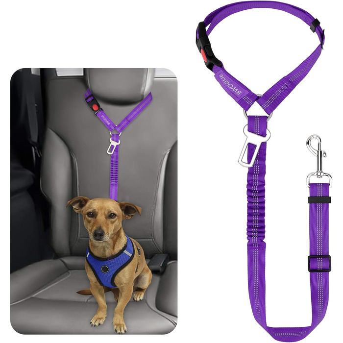 Безпечний поводок для собак та котів BWOGUE, відбиваючий, для підголівника, еластичний, регульований, антизаплутування, для автомобіля, фіолетовий, з пряжкою