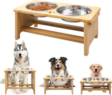 Підвищені годівниці для собак HTB, бамбук, 2 нержавіючі миски, 44x24x18 см, 18 см висота, для собак середніх та великих порід