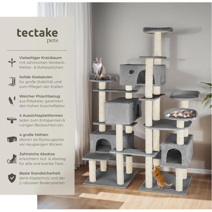 Дерево для котів Tectake® велике, з аксесуарами, XXL, 4 будиночки, ігровий комплекс, стовпчик для дряпання з сизалю, сірий | 403920