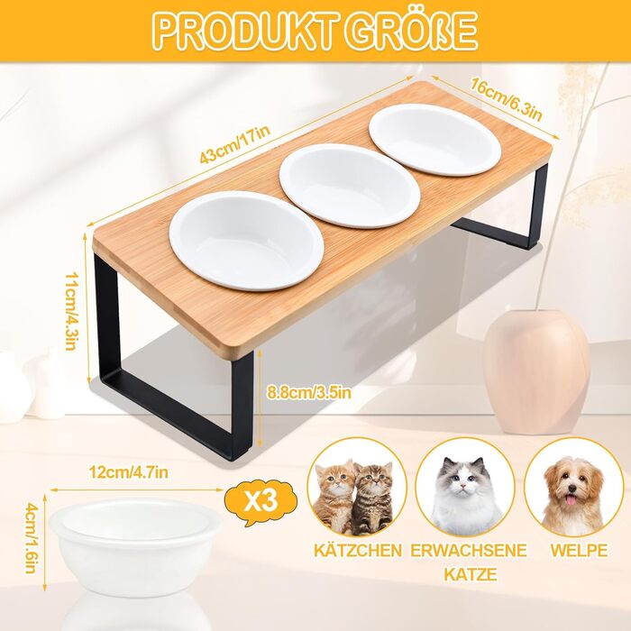 Набір мисок для котів ZOBMIO (3 шт.) з нахилом 15°, 12.5 см, 200 мл, з підставкою з силікону, придатні для миття в посудомийній машині, для котів та маленьких собак