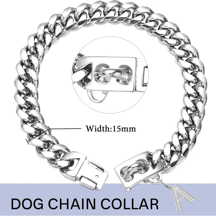 Сріблясте собаче намисто 15 мм з кулоном, нашийник для собак, ланцюжок з нержавіючої сталі з кубинськими ланками, міцний, не гризучий нашийник для собак маленьких та середніх порід (25 см)