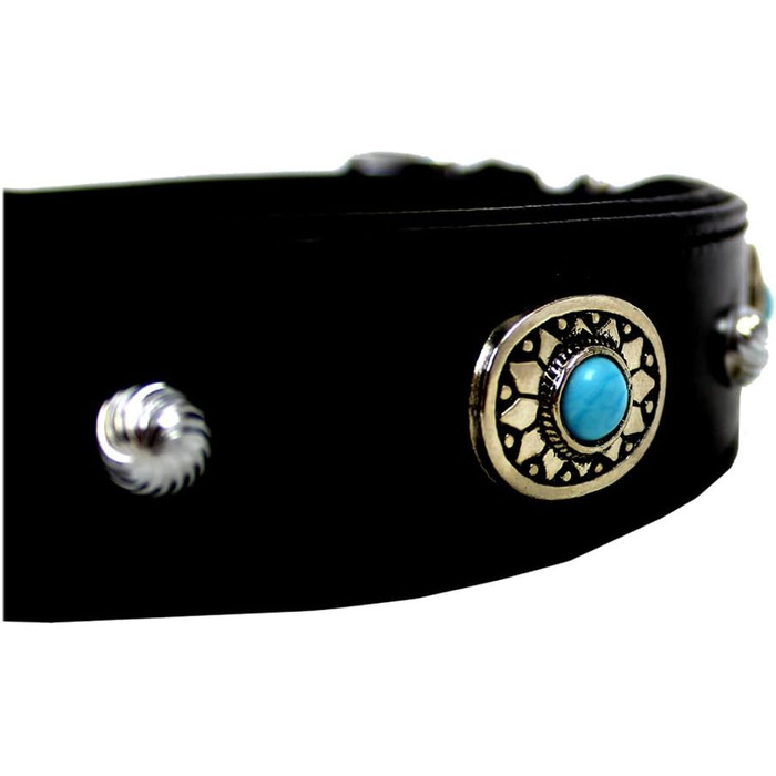 Нашийник для собак MICHUR Alonzo з натуральної шкіри, чорний, широкий, з синіми каменями та заклепками, різні розміри, обхват шиї 33-38 см