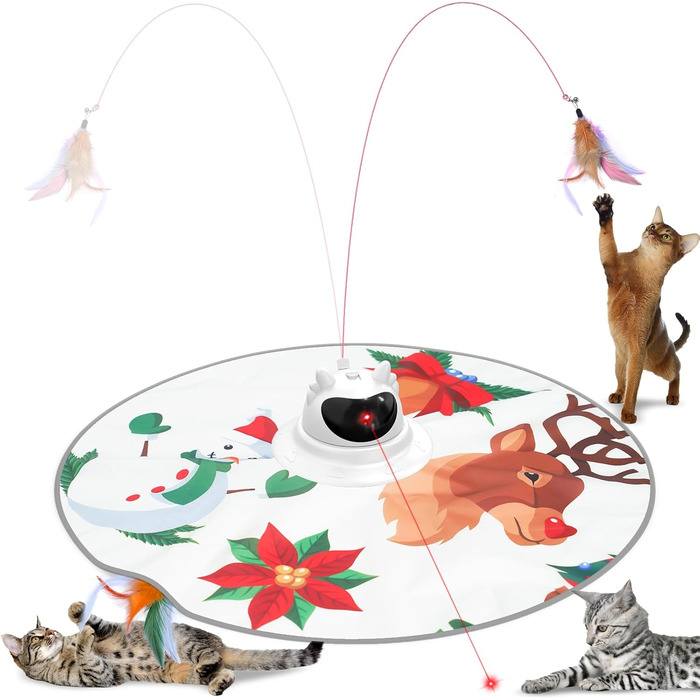 Інтерактивна іграшка для котів 3-в-1 Spessn: хованки, пір'я, лазерний вказівник. Перезаряджувана, для котів будь-якого віку. Біло-червоний дизайн (новорічний стиль)