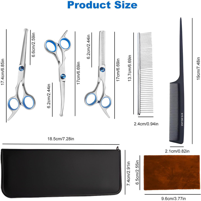 Набір професійних ножиць для собак 7 в 1 з нержавіючої сталі, з безпечними закругленими кінчиками. Включає ножиці для вирівнювання, вигнуті та прямі ножиці, гребінець для грумінгу. Підходить для собак, котів та інших тварин