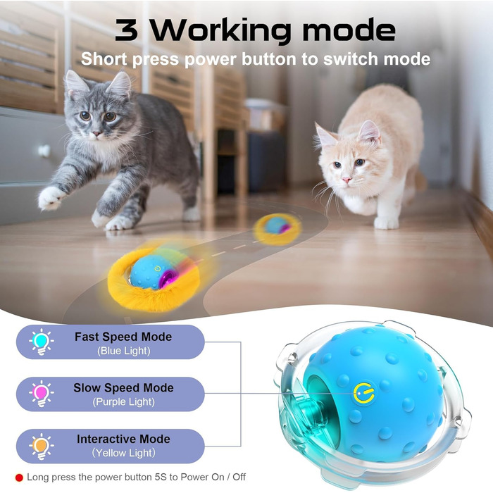 Інтерактивна іграшка для котів PUHOHUN: автоматичний м'ячик, що рухається, з функцією самостійної розваги. Безшумна, з активізацією руху та звуком. Blue