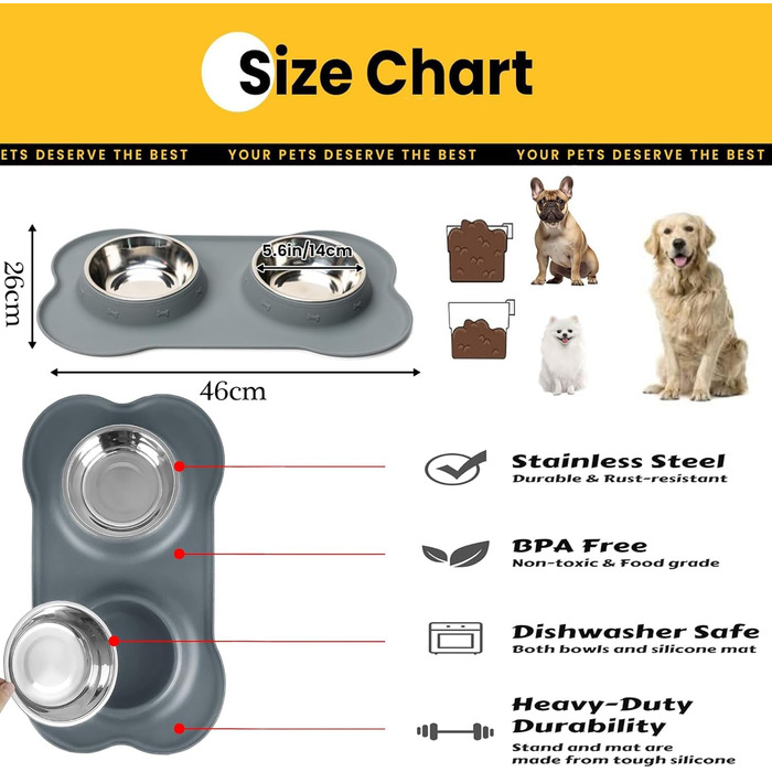 CEASELESLY Миски для собак з нержавіючої сталі, 2 шт по 400 мл, з підставкою з силікону, для собак середніх та малих порід, котів та цуценят, корм для тварин (темно-сірий)