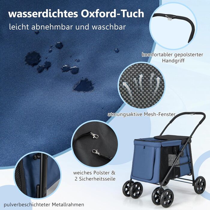 Візок для собак та котів GYMAX, складаний, до 40 кг, з кишенями та сітковими вікнами, універсальні колеса та ручка, блакитний